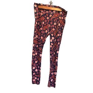 LuLaRoe Tall & Curvy leggings, orange/purple/navy paisley/floral pattern.